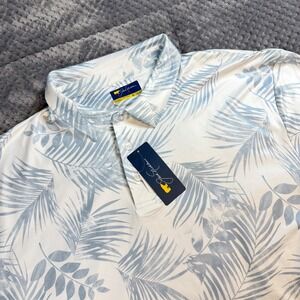 Jack Nicklaus Mens XXL Blue White Tropical Palm Leaf Golden Bear Golf Polo Shirt
